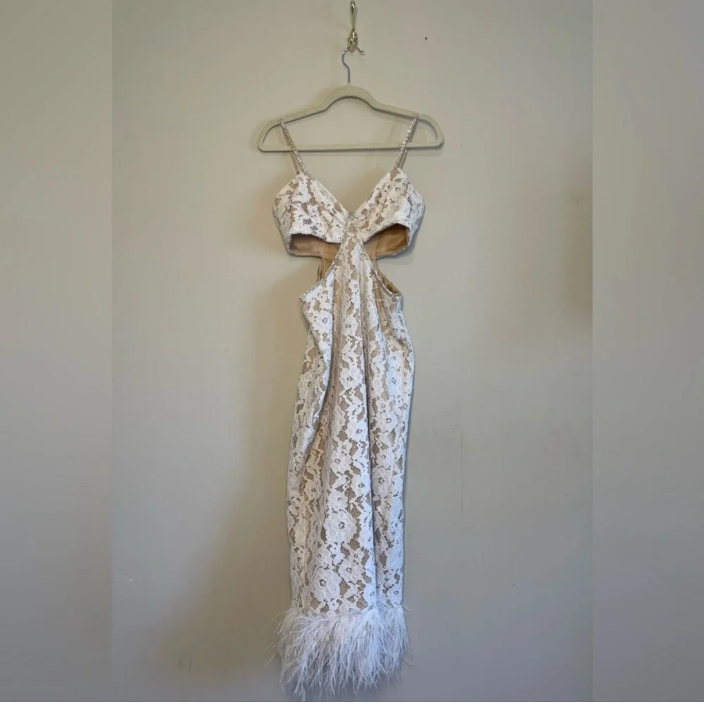 Likely Sarah Cutout Lace Feather Trim Maxi Dress